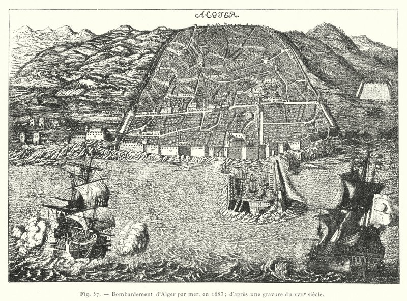 Bombardement av Alger til sjøs, i 1683; etter en gravering fra 1600-tallet (gravering) av French School