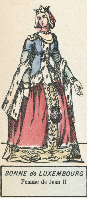 Bonne de Luxembourg, Femme de Jean II (farget gravering) av French School