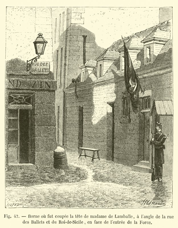 Pullert der Madame de Lamballes hode ble kuttet av, på hjørnet av rue des Ballets og rue du Roi-de-Sicile, overfor inngangen til La Force av French School