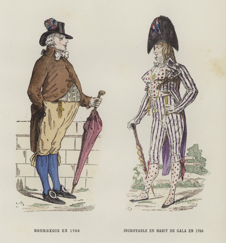 Bourgeois og en dandy i festivaldrakt, 1788 av French School