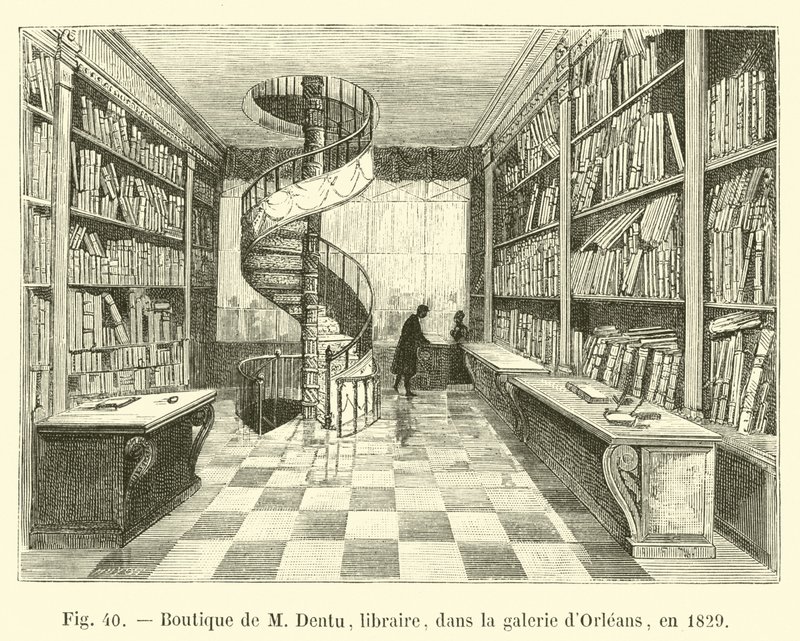 Butikk til M Dentu, bokhandler, i Orleans-galleriet, i 1829 av French School