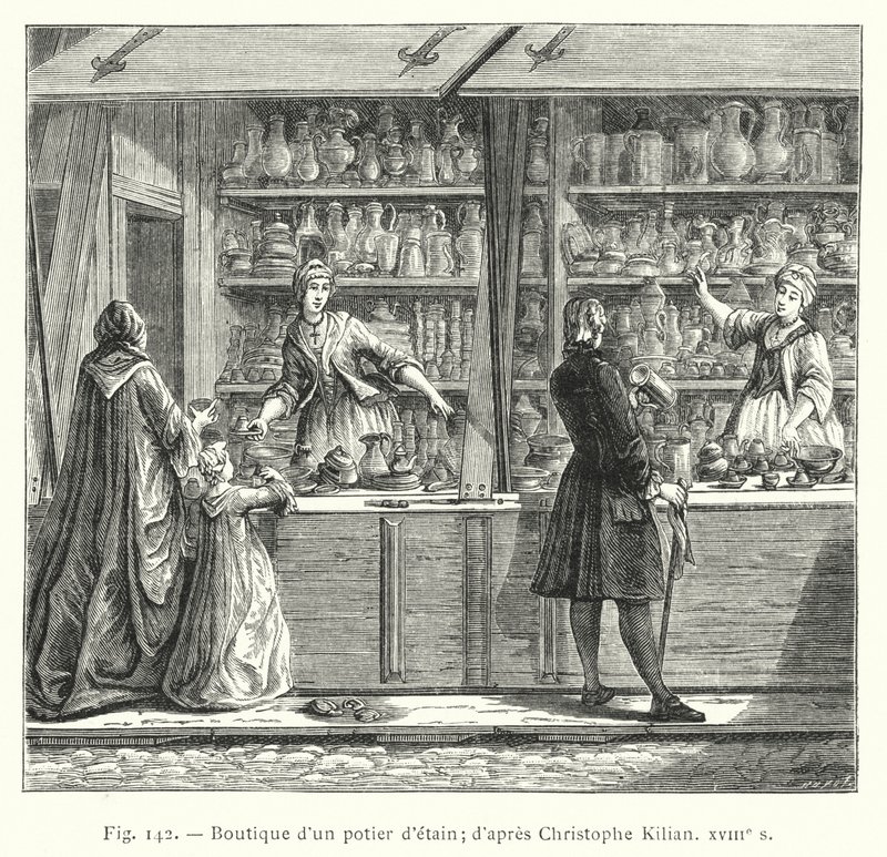 En pottemakerbutikk i tinn; etter Christophe Kilian, 1700-tallet (gravering) av French School