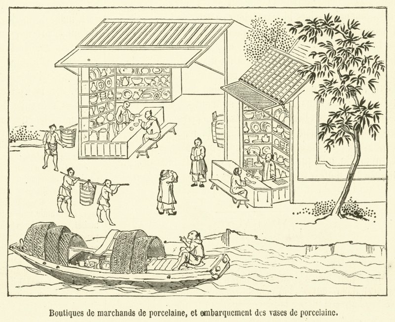 Butikker av porselenshandlere, og ombordstigning av porselensvaser (gravering) av French School