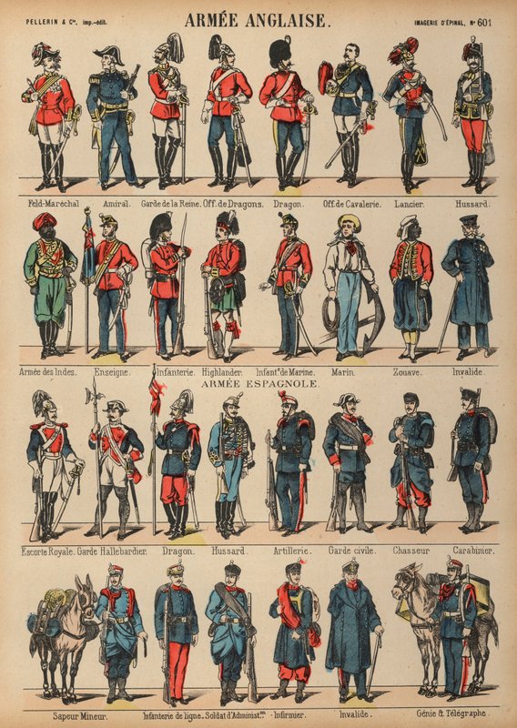 Britiske og spanske militæruniformer (farget gravering) av French School
