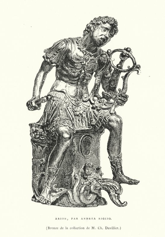 Bronsefigur av den antikke greske poeten Arion, av den italienske renessanseskulptøren Andrea Riccio, sent på 1400- eller tidlig på 1500-tallet (gravering) av French School