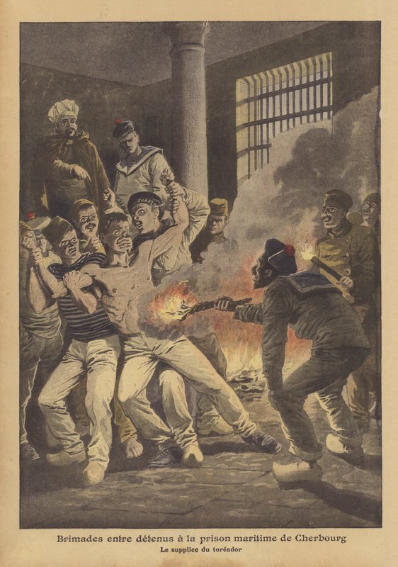 Mobbing blant fanger i det maritime fengselet i Cherbourg (farge litho) av French School