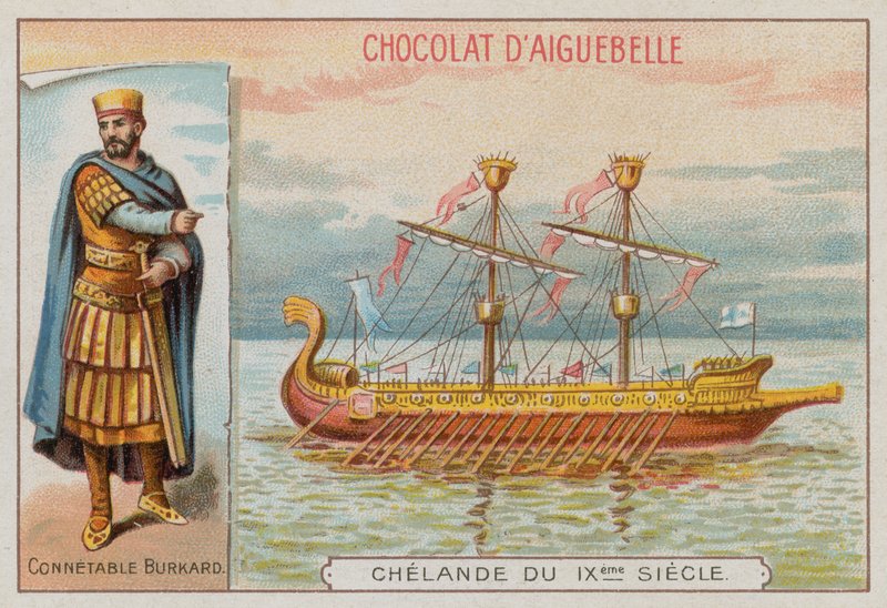 Burchard, militærsjef for Charlemagnes regjeringstid, og et krigsskip fra det 9. århundre av French School