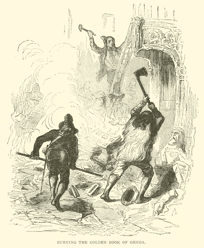 Brenne den gyldne bok i Genova (gravering) av French School