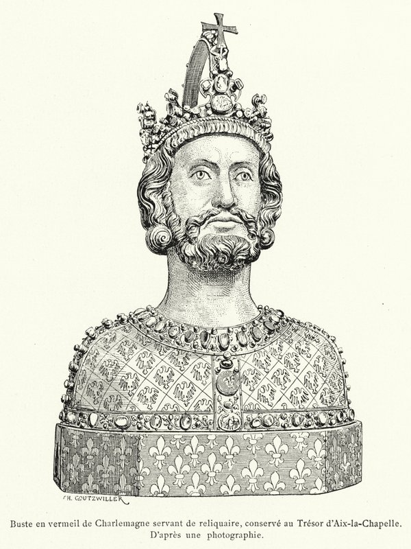 Vermeil-byste av Charlemagne tjener som relikvieskrin, bevart i statskassen i Aix-la-Chapelle (gravering) av French School