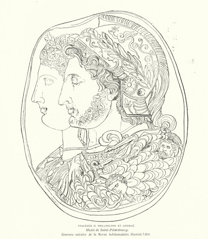 Cameo av oldtidens egyptiske farao Ptolemaios Philadelphus og hans kone Arsinoe, 3. århundre f.Kr. (gravering) av French School