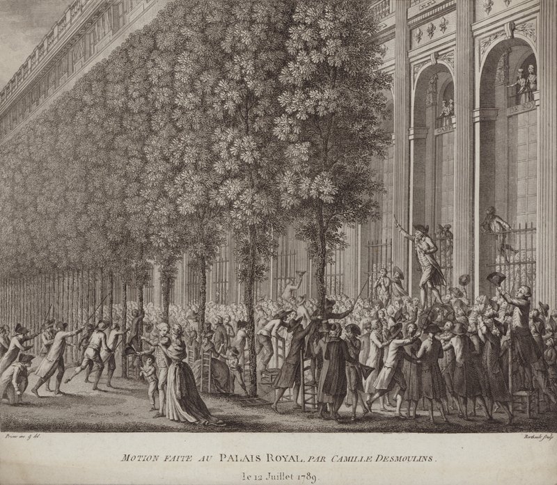 Camille Desmoulins leverer en oppfordring til våpen til folket ved Palais Royal, Paris av French School