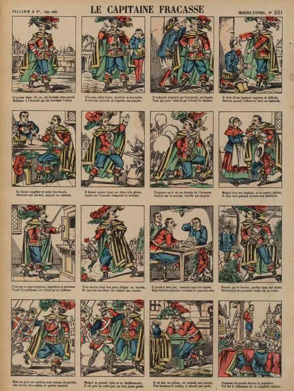 Kaptein Fracasse, roman av den franske forfatteren Theophile Gautier (farget gravering) av French School