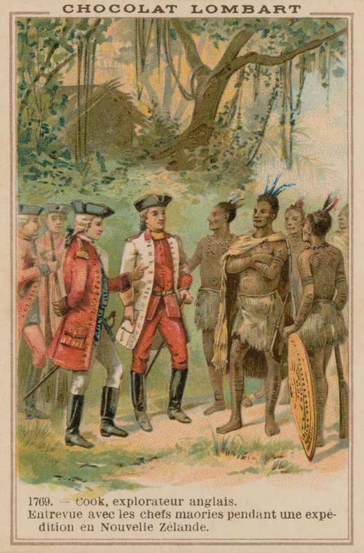 Kaptein James Cook møte med maorihøvdinger i New Zealand, 1769 av French School
