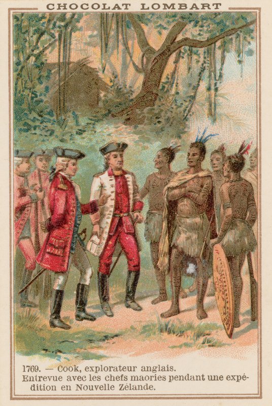 Kaptein James Cook møte med maorihøvdinger i New Zealand, 1769 av French School