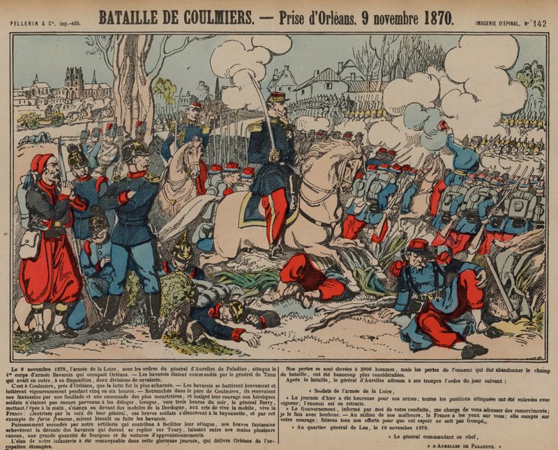 Erobring av Orleans av franskmennene etter slaget ved Coulmiers, fransk-prøyssisk krig, 9. november 1870 (farget gravering) av French School
