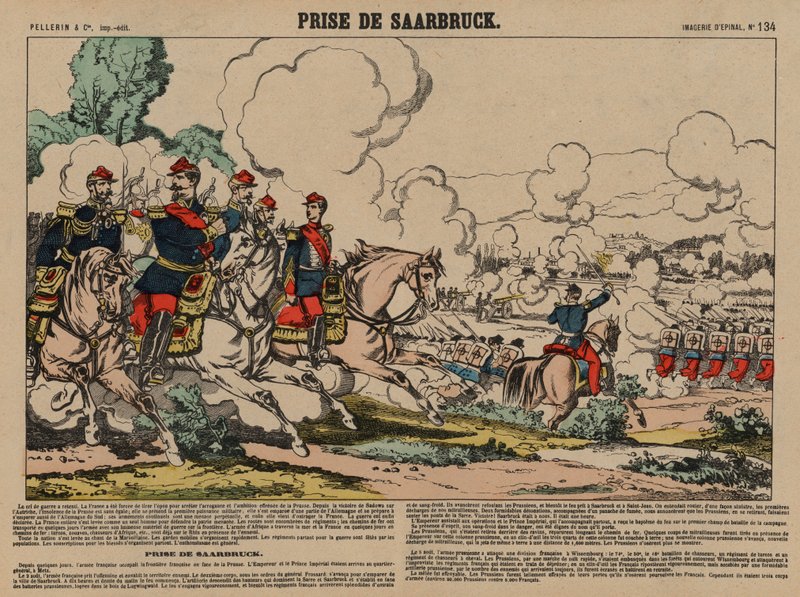 Erobringen av Saarbrücken av den franske, fransk-prøyssiske krigen, 2. august 1870 (farget gravering) av French School