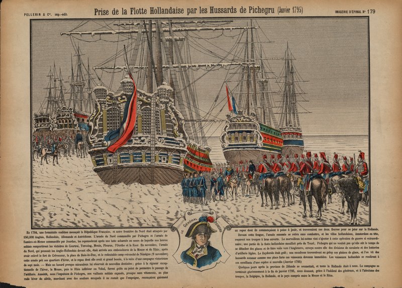Fangst av den nederlandske flåten på den frosne Ijsselmeer av franske husarer kommandert av general Pichegru, januar 1795 (farget gravering) av French School