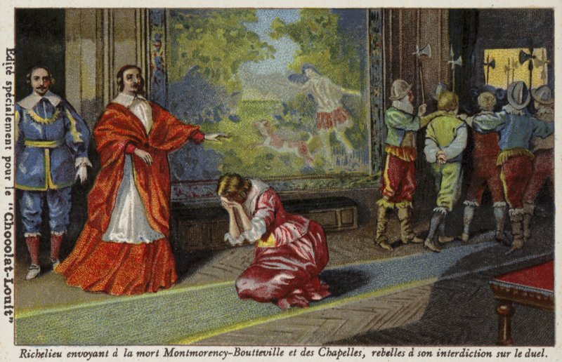 Kardinal Richelieu sendte Francois de Montmorency-Bouteville og Comte de Chapelles for å bli henrettet for å ha trosset forbudet mot duellering, 1627 av French School