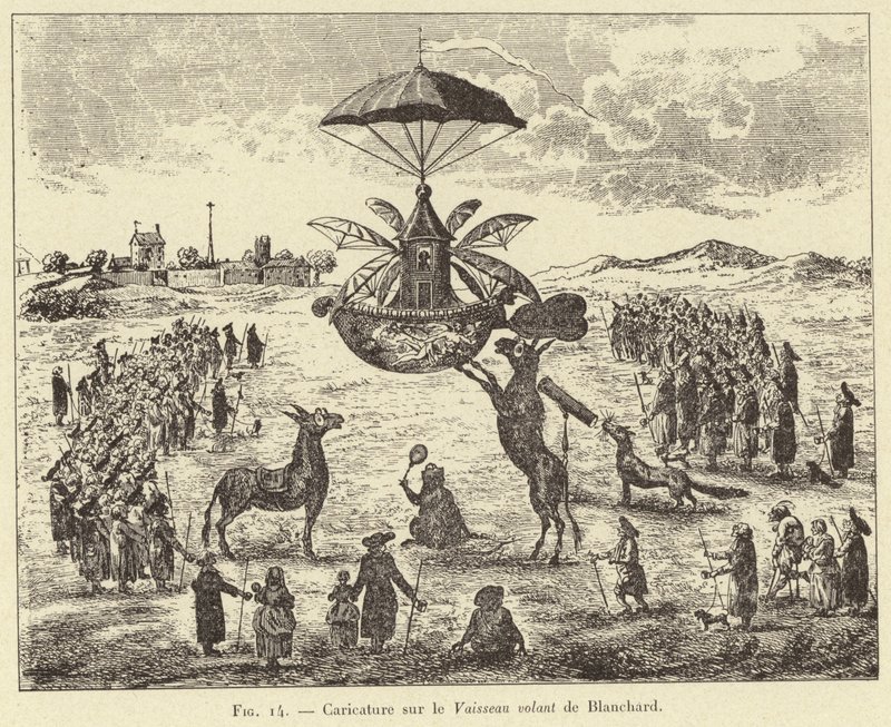 Karikatur på det flygende fartøyet av Blanchard (gravering) av French School