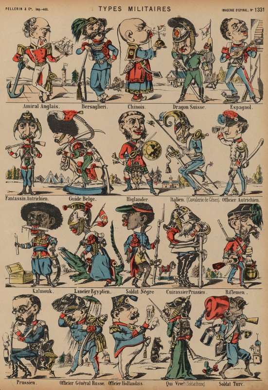 Karikaturer av militære figurer (farget gravering) av French School