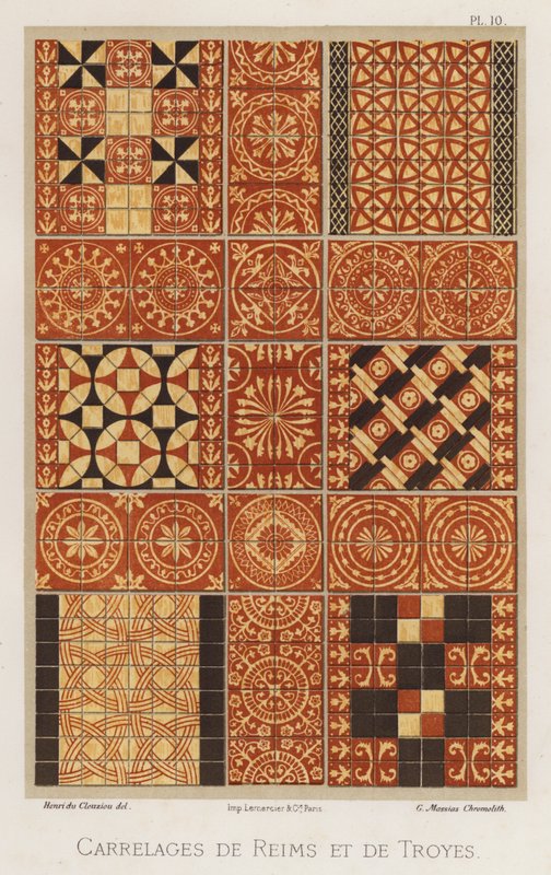 Reims og Troyes fliser (farge litho) av French School
