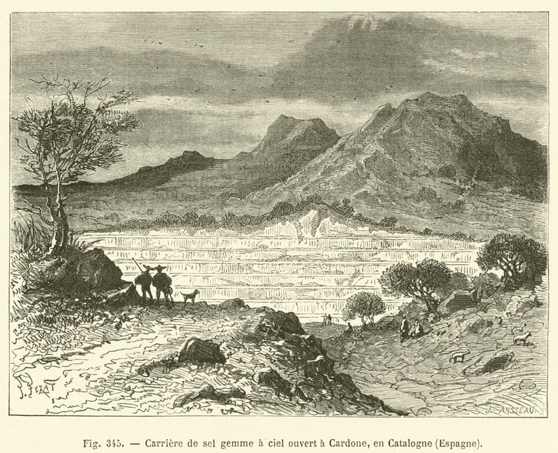 Steinsaltbrudd med åpen gruve i Cardone, Catalonia, Spania (gravering) av French School