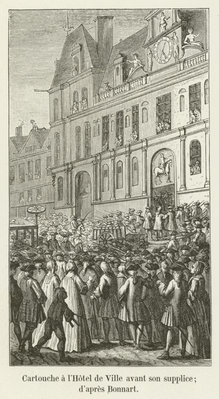 Cartouche på Hôtel de Ville før han ble henrettet; ifølge Bonnart av French School