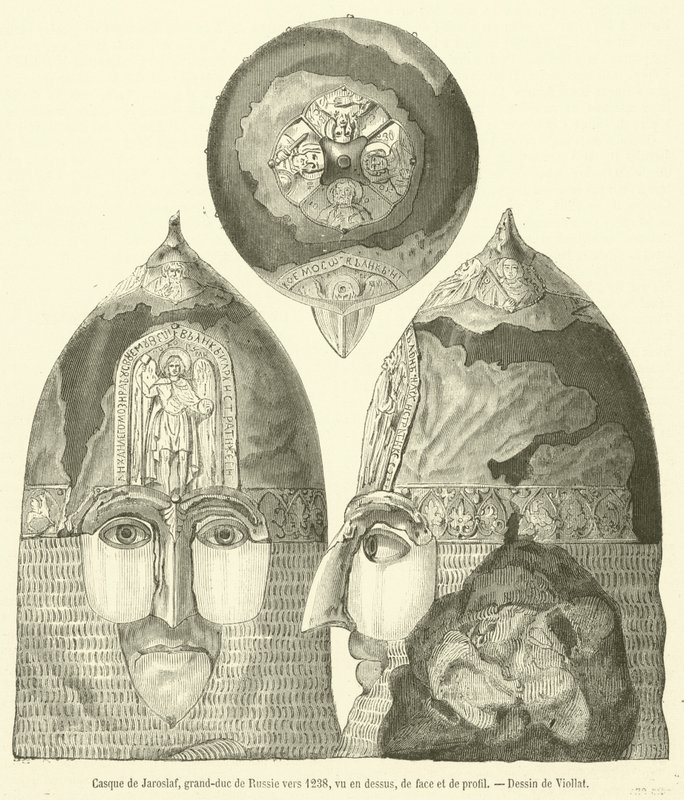 Hjelm til Jaroslav, storhertug av Russland rundt 1238, sett ovenfra, forfra og i profil (gravering) av French School