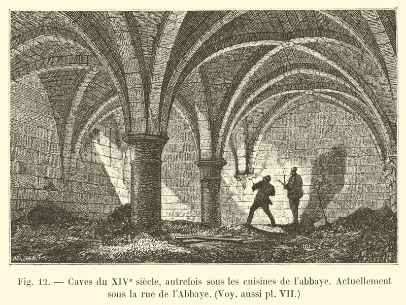 Kjellere fra 1300-tallet, tidligere under klosterets kjøkken, for tiden under rue de l'Abbaye, Se også pl VII av French School