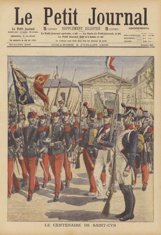 Hundreårsjubileet for etableringen av det franske militærakademiet i Saint-Cyr, Paris (farge litho) av French School