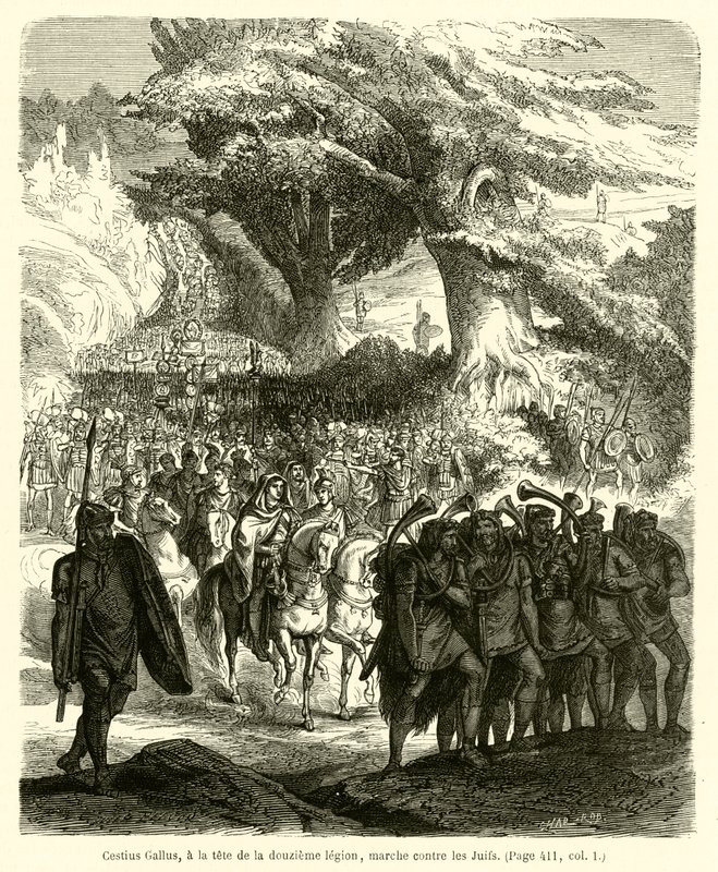 Cestius Gallus, i spissen for den tolvte legion, marsjerer mot jødene (gravering) av French School