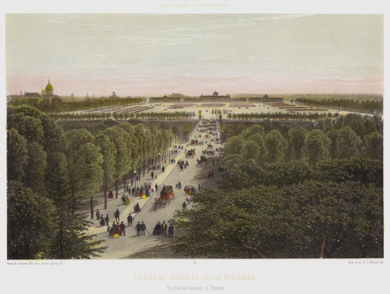 Champ De Mars og militærskolen, utsikt tatt fra høyden av Trocadero (farge litho) av French School