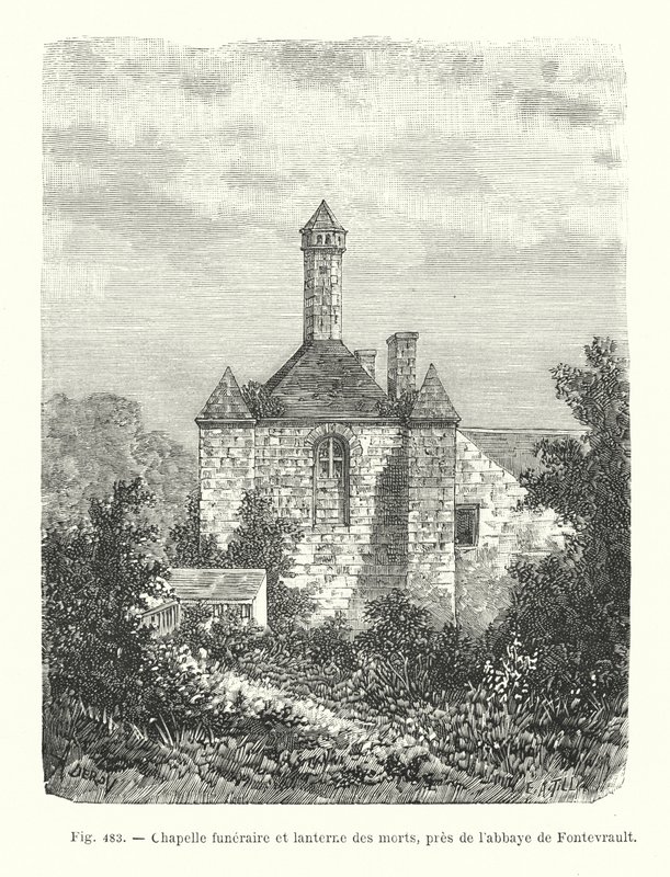 Begravelseskapell og de dødes lykt, nær Fontevrault Abbey (gravering) av French School