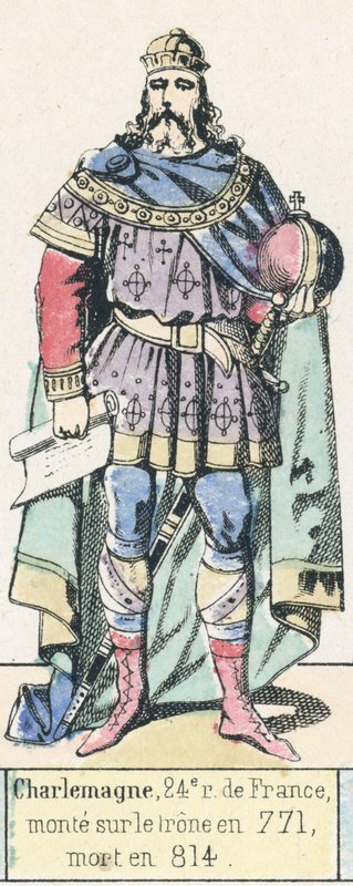 Charlemagne, 24. konge av Frankrike, besteg tronen i 771, døde i 814 (farget gravering) av French School