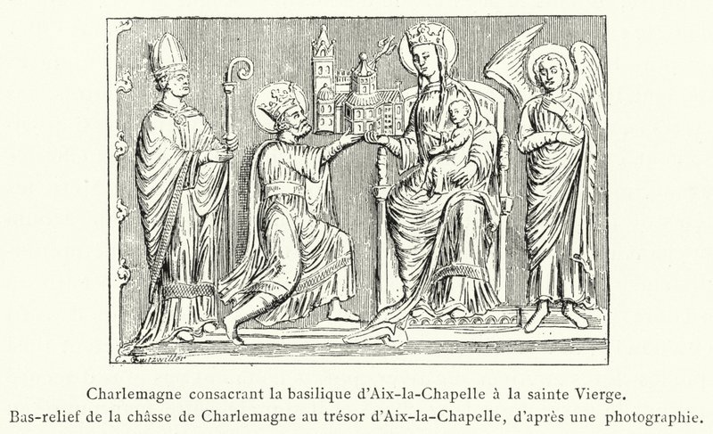 Karl den Store dedikerer basilikaen Aix-la-Chapelle til den hellige jomfru, basrelieff av Karl den stores jakt på skatten i Aix-la-Chapelle (gravering) av French School
