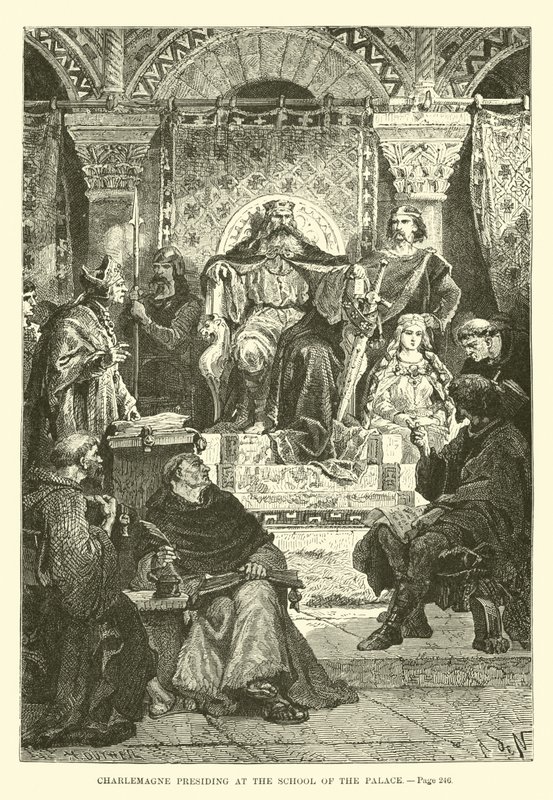 Charlemagne presiderer ved Palace of the School av French School
