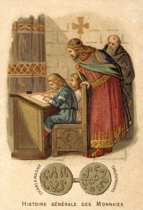 Charlemagne ser på barn som skriver på skolen (chromolitho) av French School