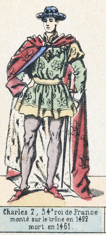Charles 7, 54. konge av Frankrike, besteg tronen i 1422, døde i 1461 (farget gravering) av French School