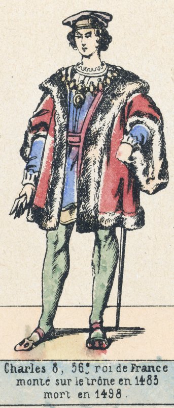 Charles 8, 56. konge av Frankrike, besteg tronen i 1483, døde i 1498 (farget gravering) av French School