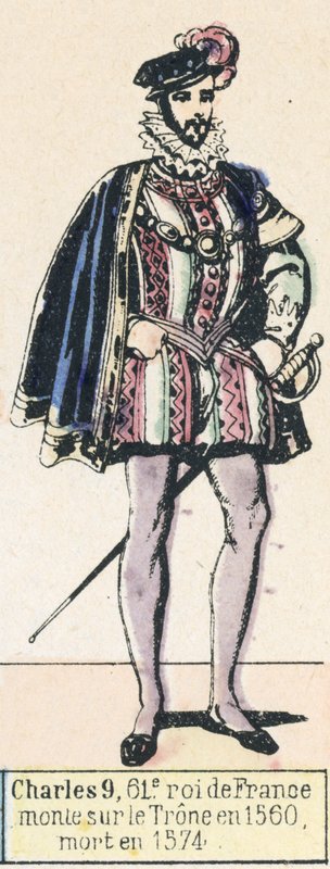 Charles 9, 61. konge av Frankrike, besteg tronen i 1560, døde i 1574 (farget gravering) av French School