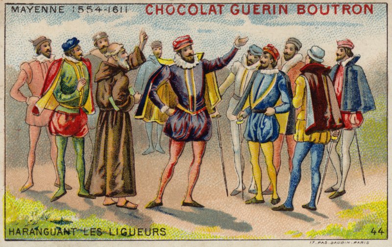 Charles, hertug av Mayenne, henvender seg til medlemmer av den katolske ligaen (chromolitho) av French School