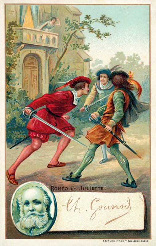 Charles Gounod, fransk komponist, og en scene fra operaen hans Romeo et Juliette (chromolitho) av French School