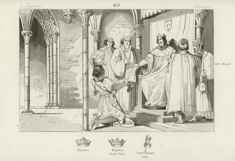 Charles IV av Frankrike gjør Louis, greve av Clermont-en Beauvaisis, hertug av Bourbon, 1327 av French School