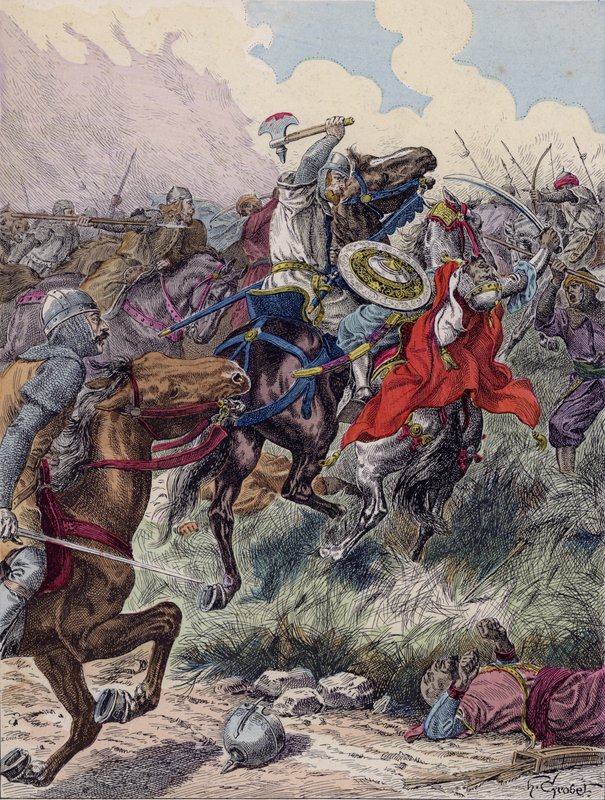 Karl Martel i slaget ved Poitiers, 732 (fargelitografi) av French School