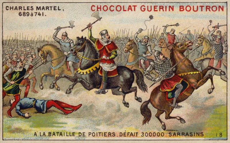 Charles Martel beseiret en hær på 300 000 saracenere i slaget ved Poitiers, 732 (chromolitho) av French School