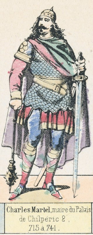 Charles Martel, borgmester i palasset, i Chilperic 2, 715 a 741 (farget gravering) av French School