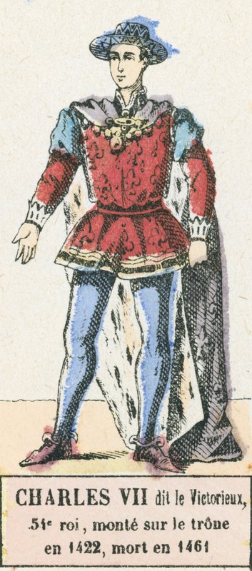 Charles VII kalt Victorious, 54. konge, besteg tronen i 1422, døde i 1461 (farget gravering) av French School