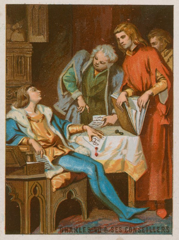 Charles VII med sine rådgivere av French School