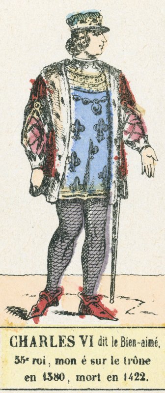Charles VI kalt den elskede, 53. konge, besteg tronen i 1380, døde i 1422 (farget gravering) av French School