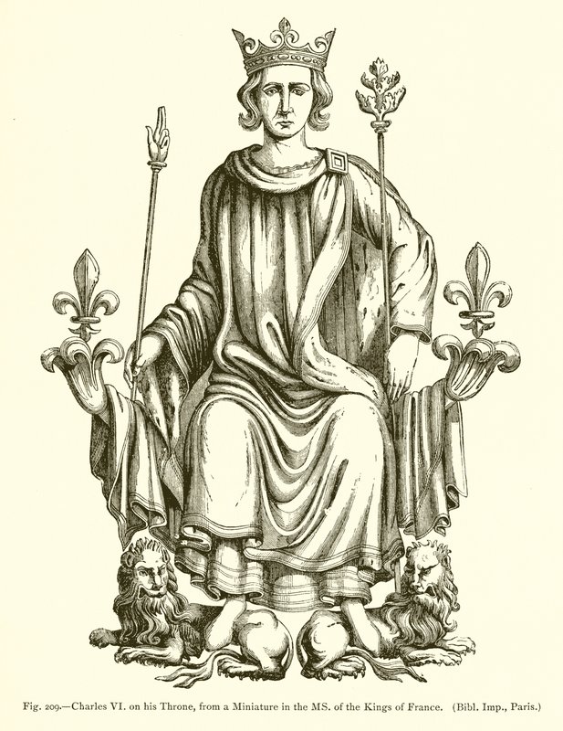 Charles VI på sin trone, fra en miniatyr i MS. av kongene av Frankrike av French School